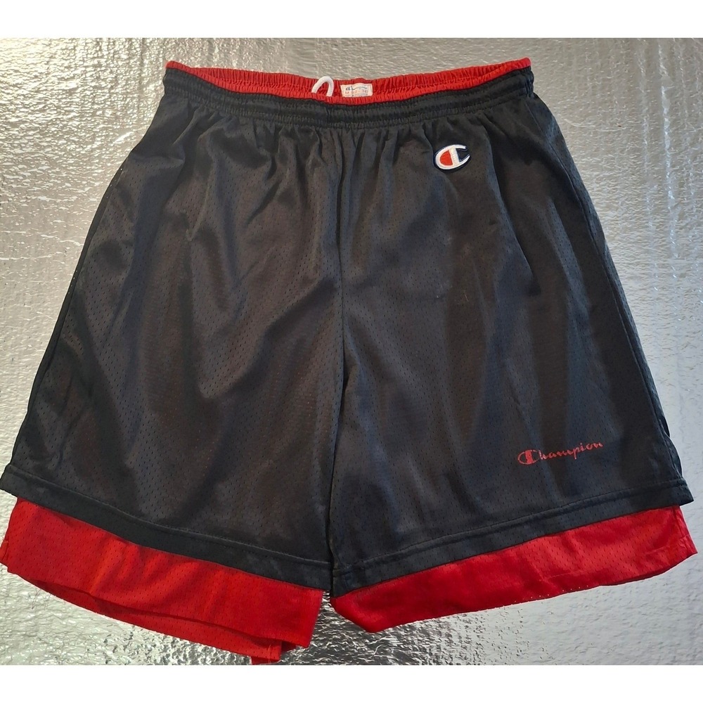 Vintage Champion Mesh Basketball Shorts Mens Medium Black Red Double Layer USA